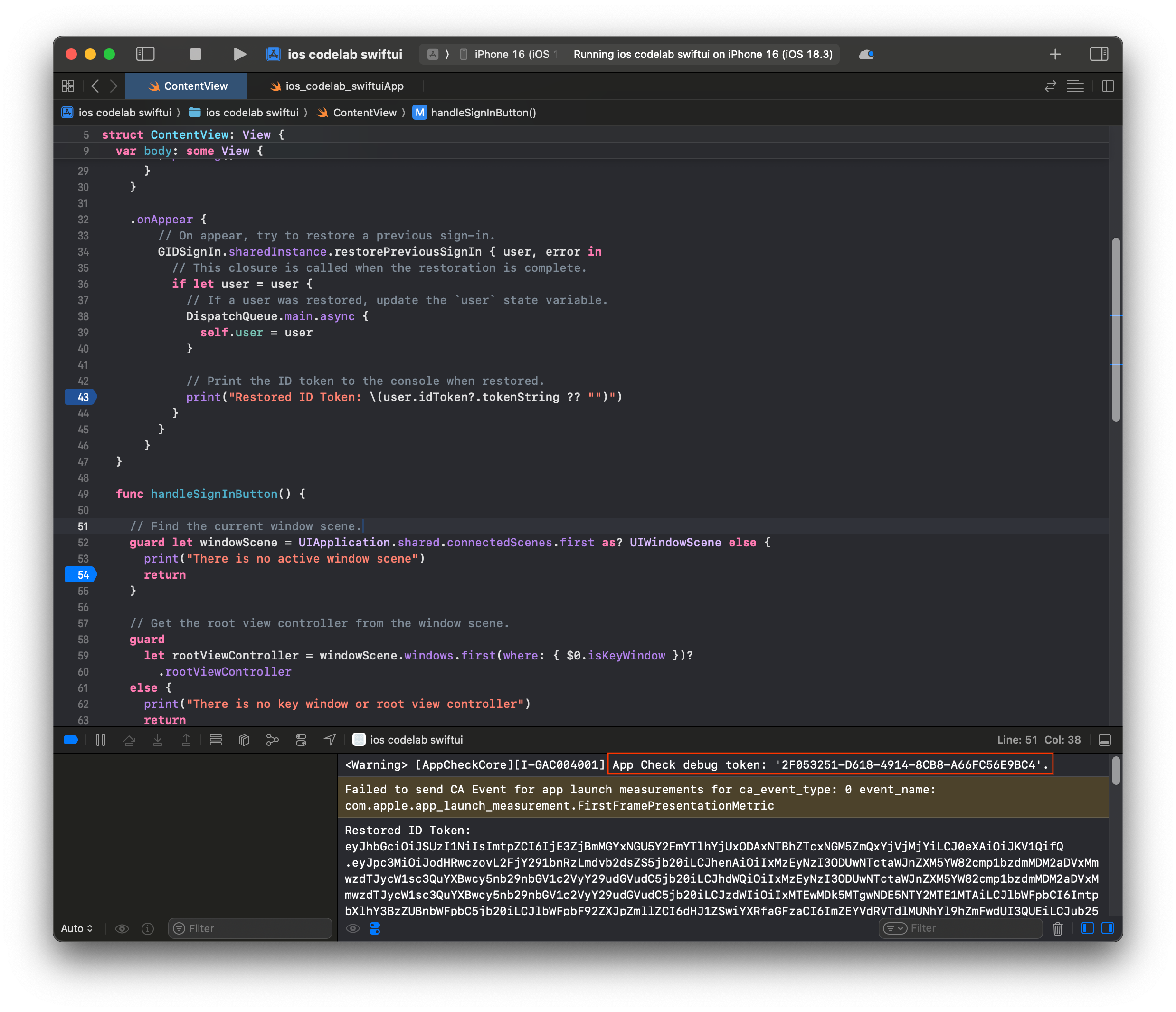 Token de depuração do App Check no console do Xcode