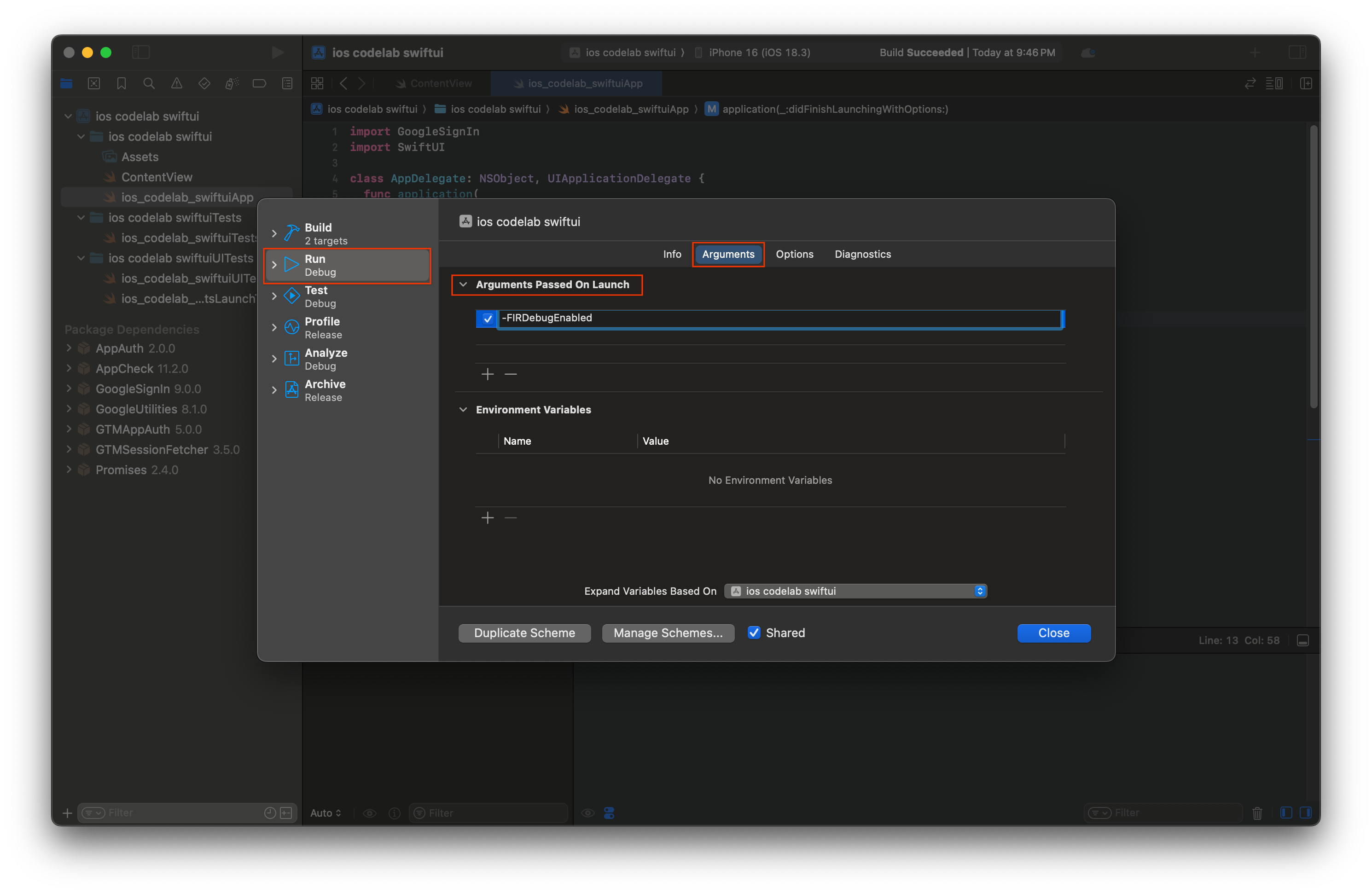 Página do editor de argumentos do Xcode