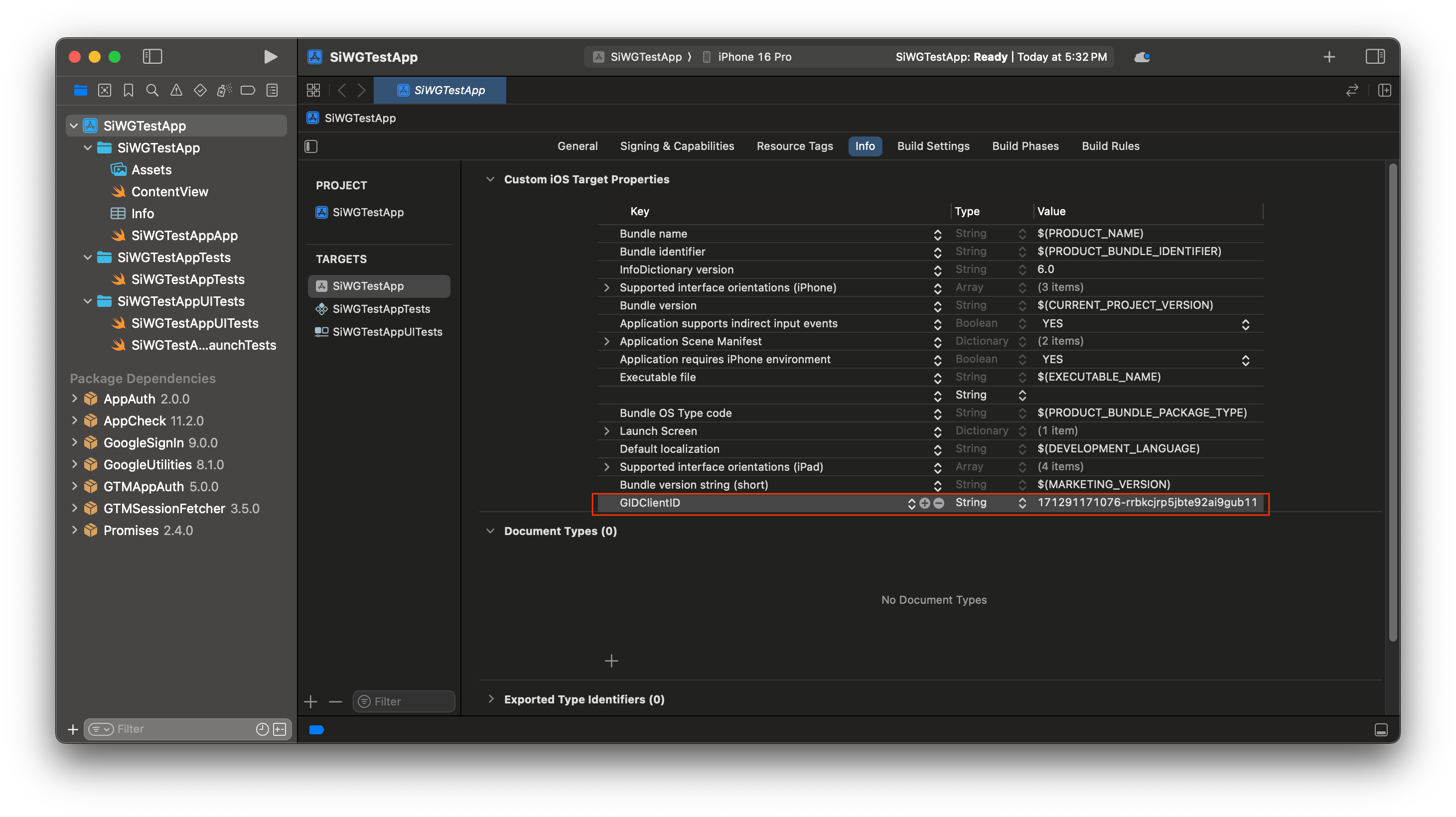 Aggiungere GIDClientID al target dell&#39;app principale
