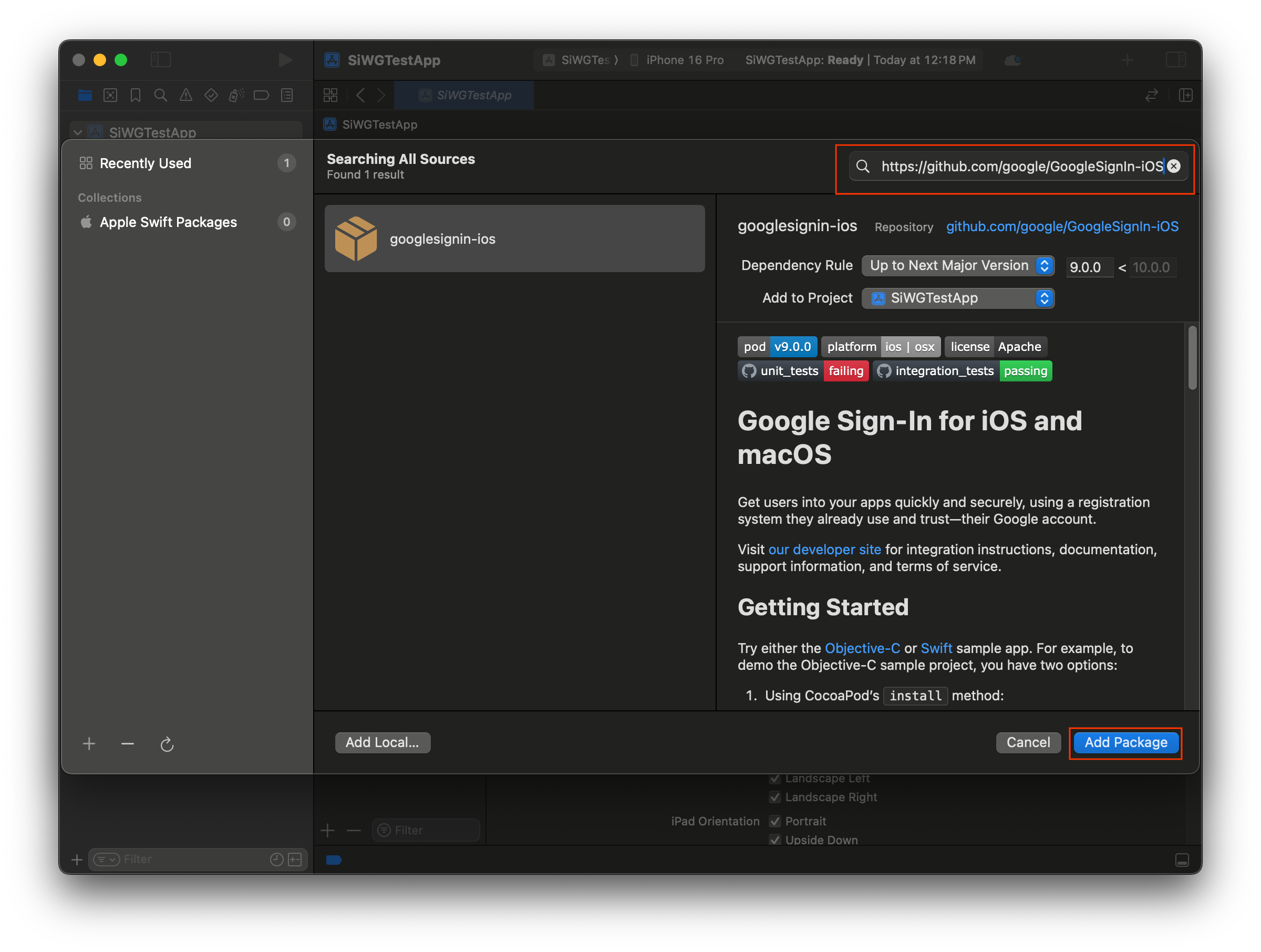 Trouver la dépendance &quot;Se connecter avec Google&quot; dans Swift Package Manager