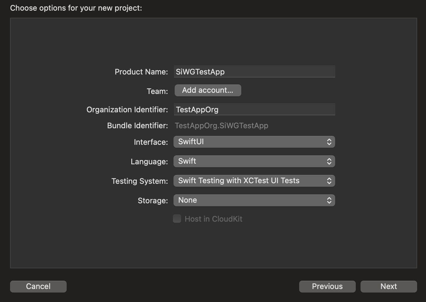 Página de opções do projeto do Xcode