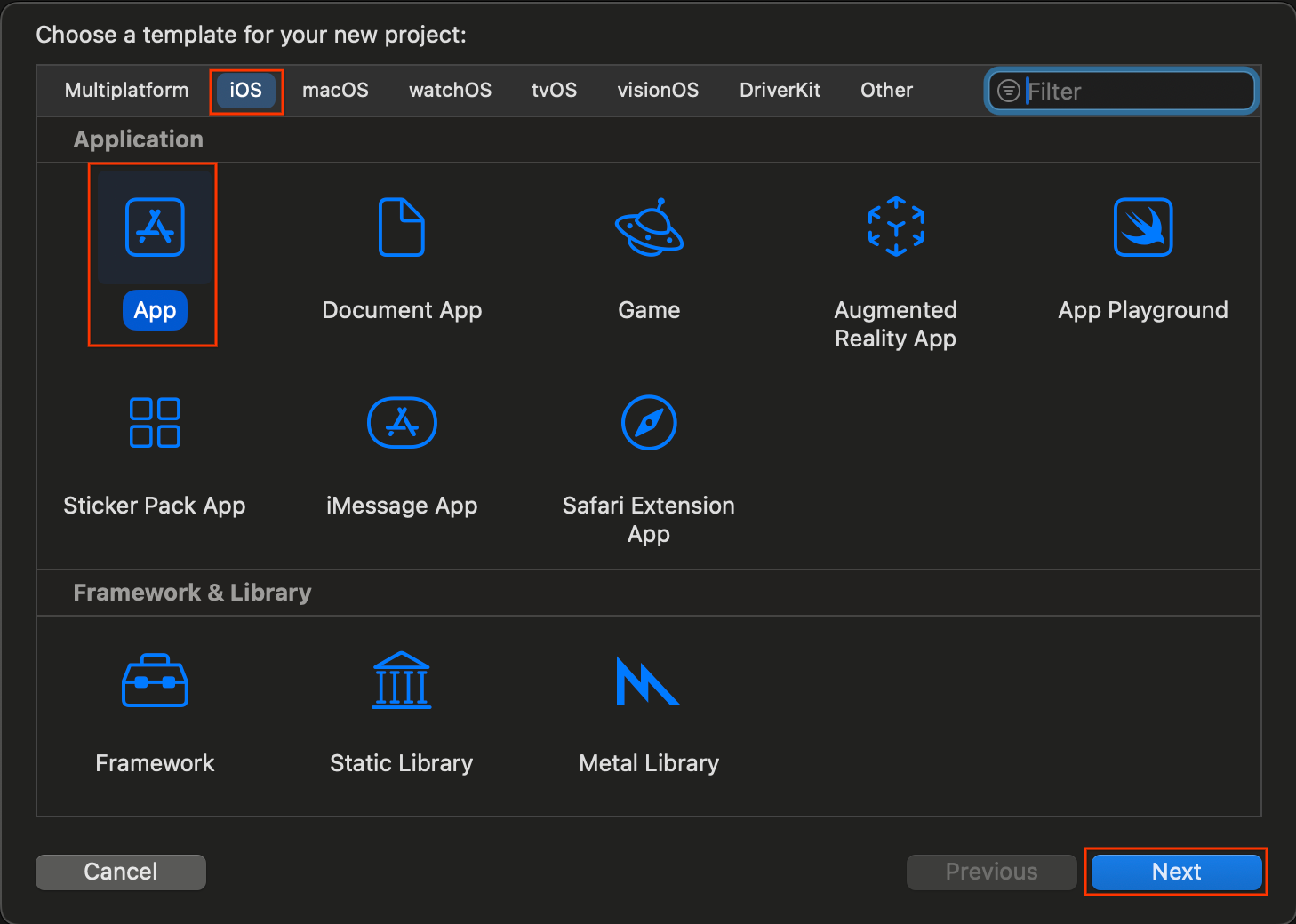 Xcode 프로젝트 생성 템플릿 페이지