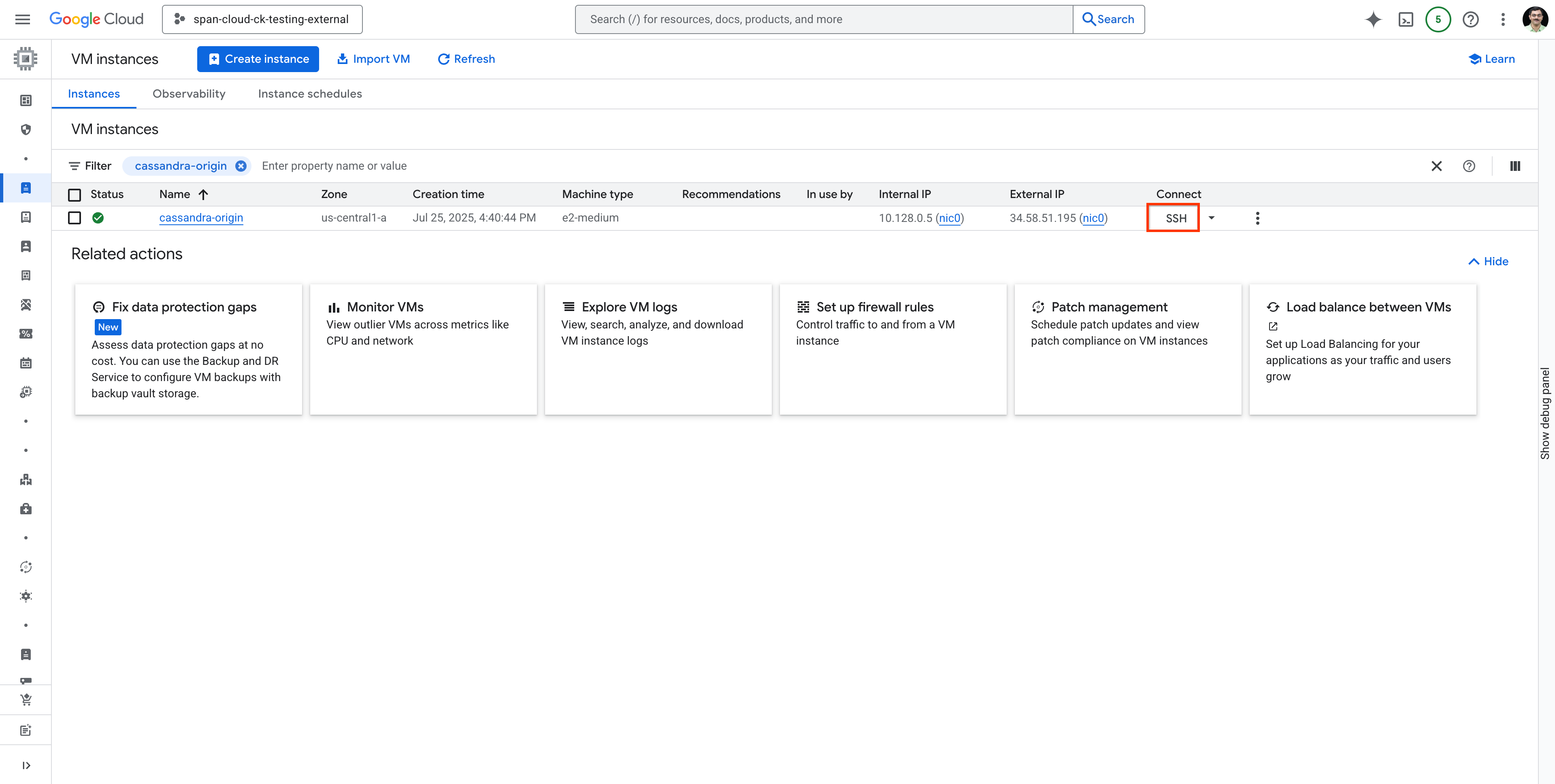 accedi all'istanza VM tramite SSH