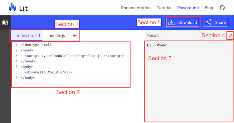 The file selector tab bar is labeled Section 1, The code editing section asSection 2, the output preview as Section 3, and the preview reload button asSection 4