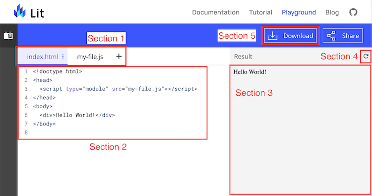 ファイルセレクタのタブバーには [Section 1]、コード編集セクションには [Section 2]、出力プレビューには [Section 3]、プレビューの再読み込みボタンには [Section 4] というラベルが付いています。