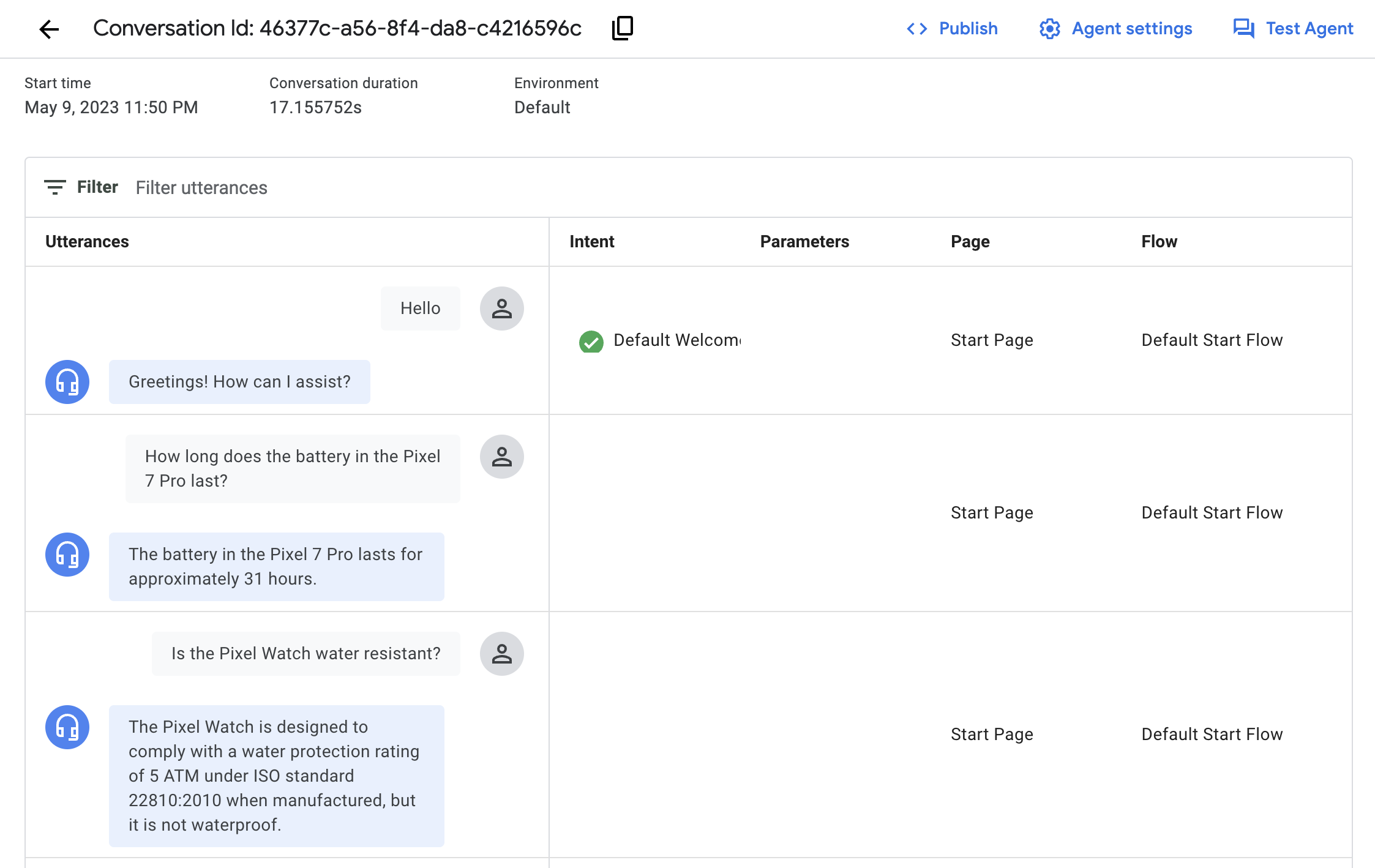 Dettagli della conversazione in Dialogflow CX