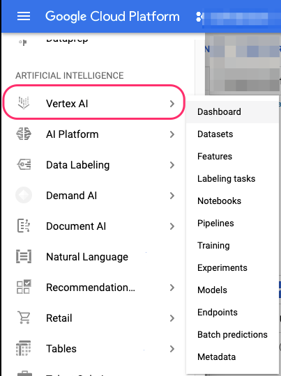 Vertex AI on GCP menu