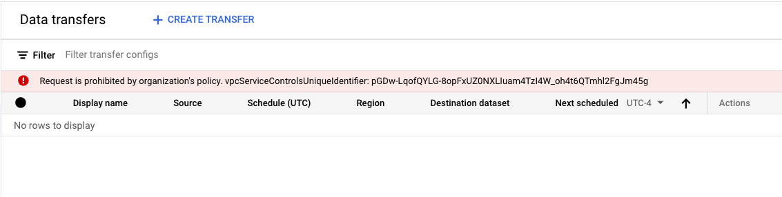 הפרת VPC SC בדף של Data Transfer Service.