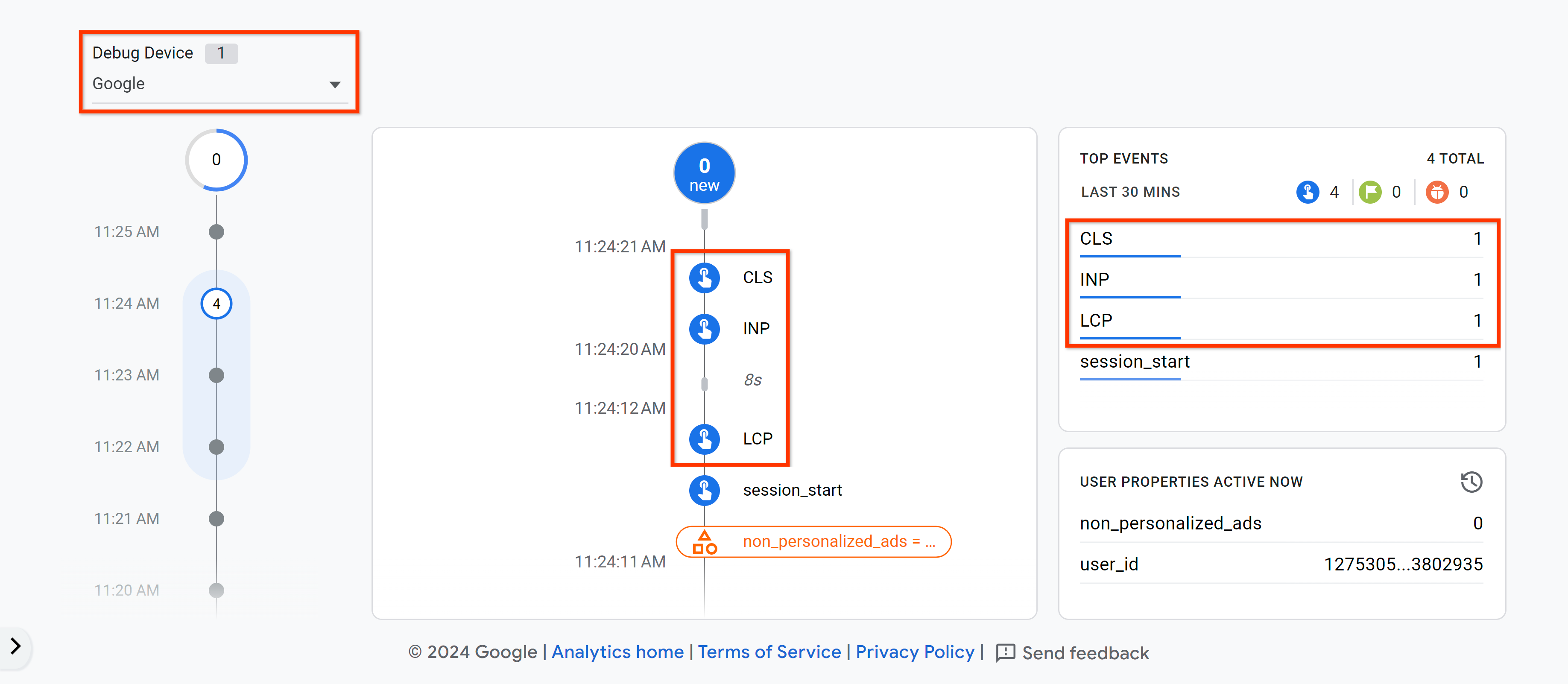 Checking incoming data in the GA4 debugview report.