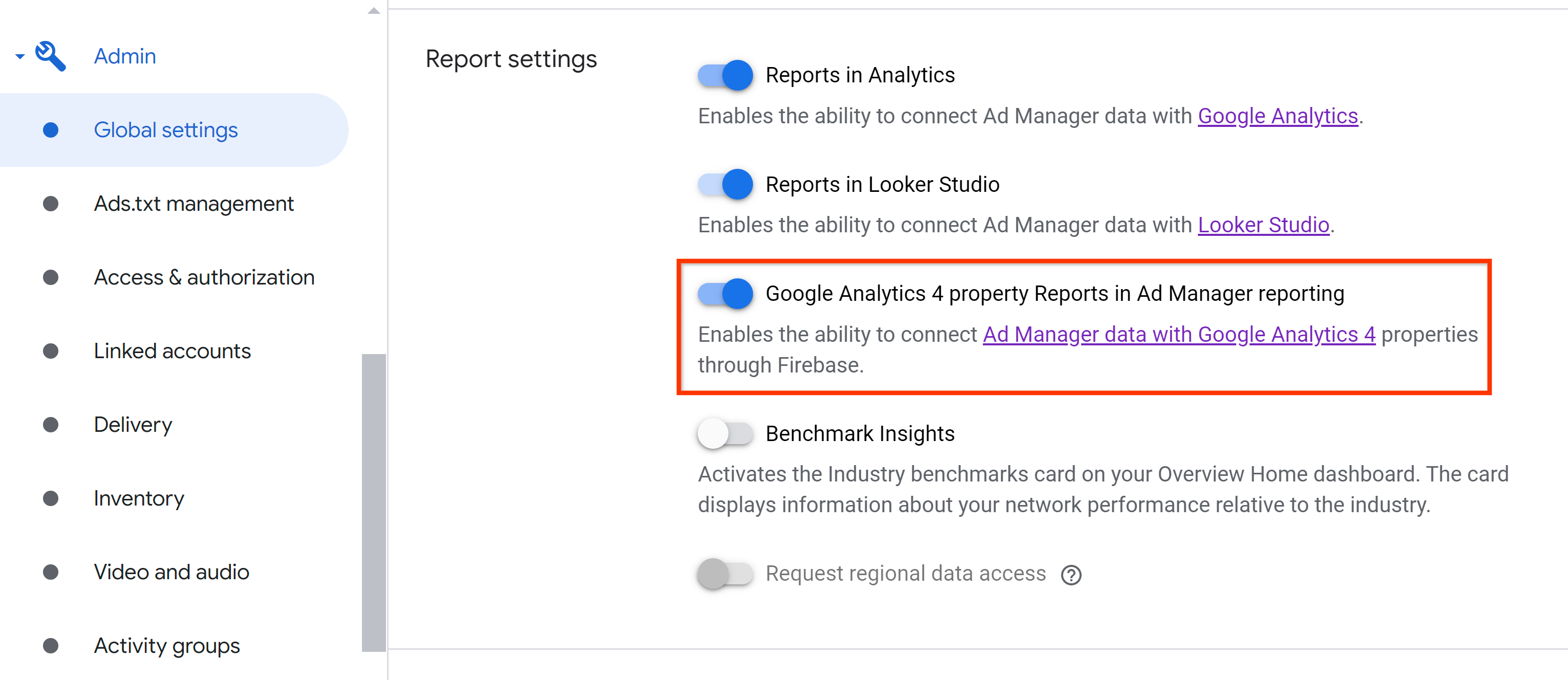 Ad Manager रिपोर्टिंग में GA4 प्रॉपर्टी रिपोर्ट चालू करना.