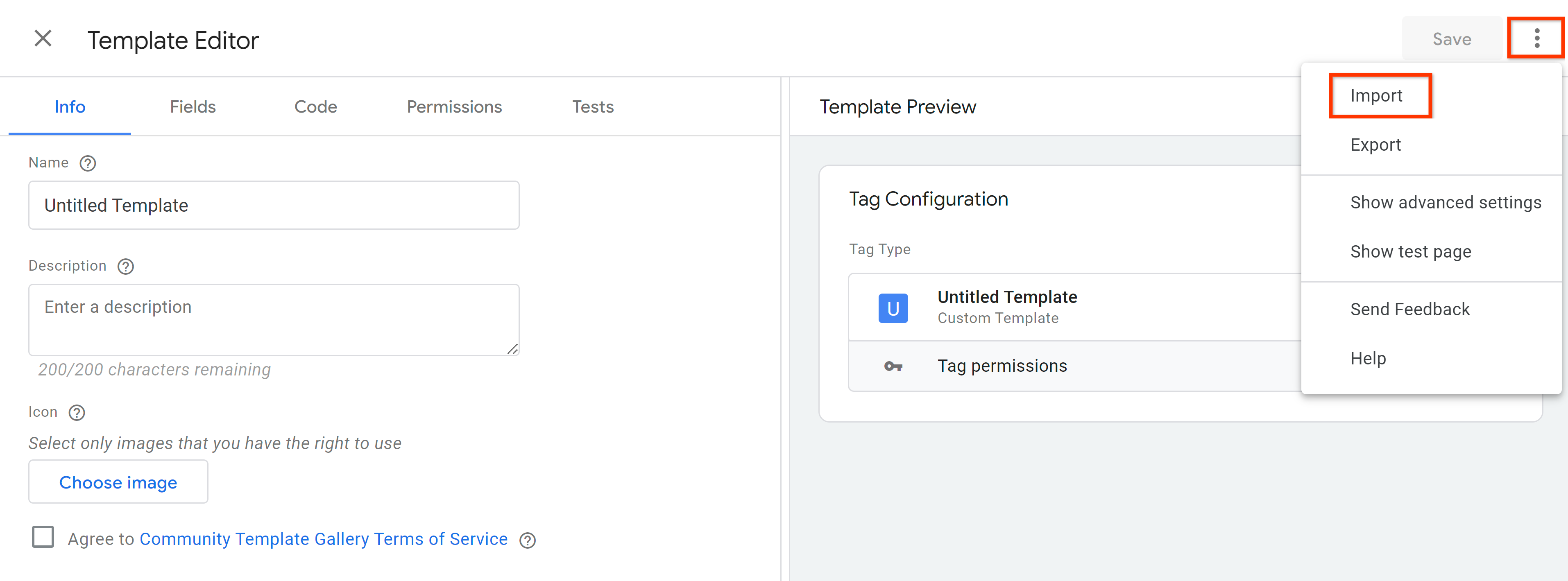 Importing a Google Tag Manager tag template.