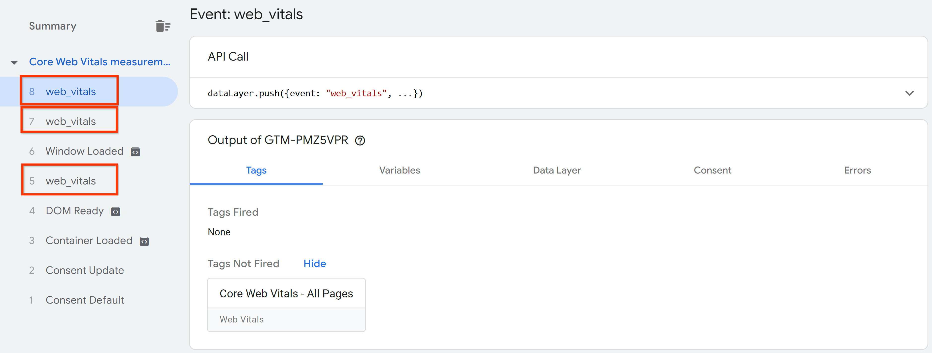 dataLayer の 3 つの Web Vitals イベント。