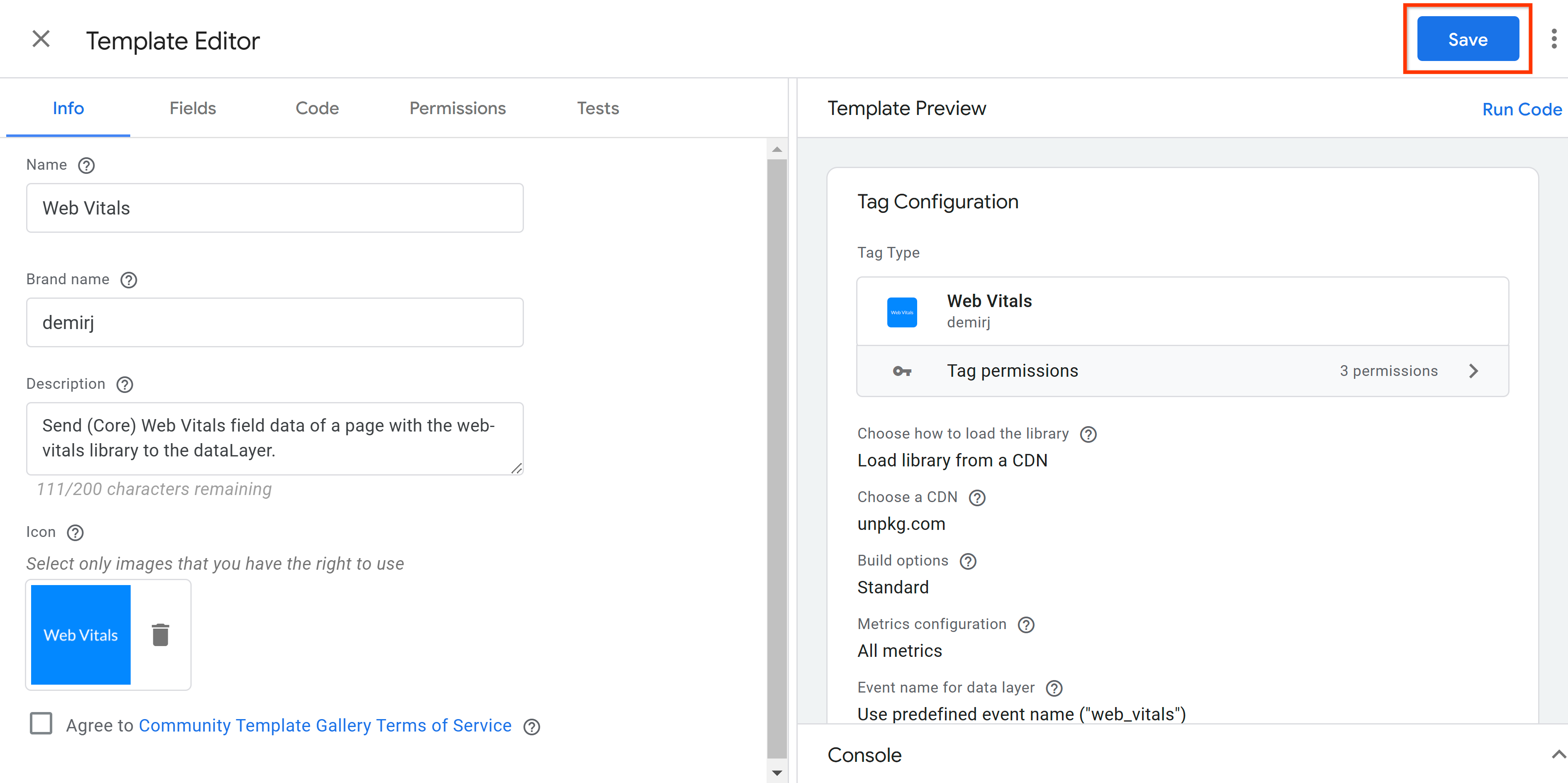 Eine Google Tag Manager-Tag-Vorlage wird gespeichert.