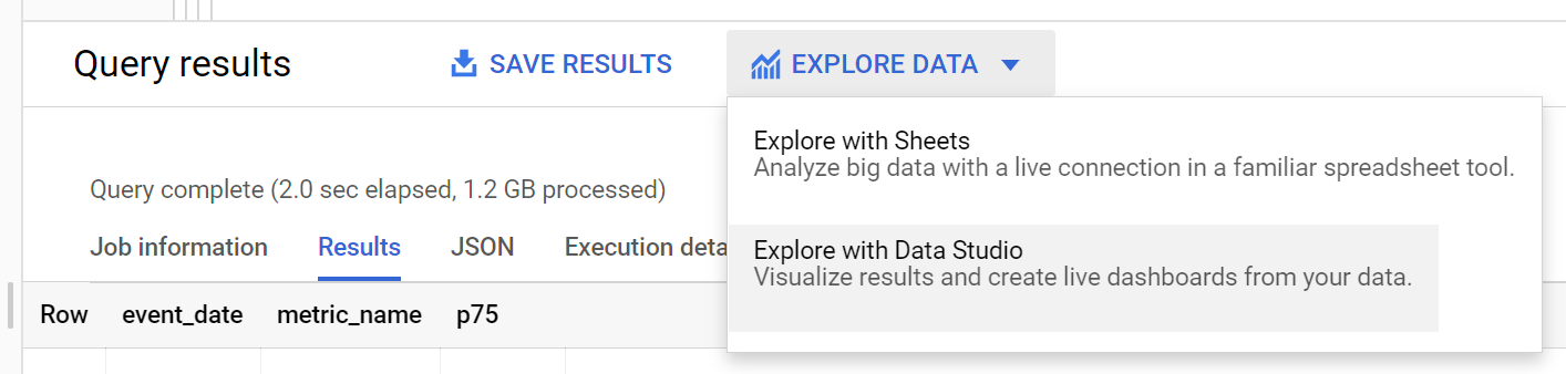 Explorer avec l'option Data Studio dans BigQuery