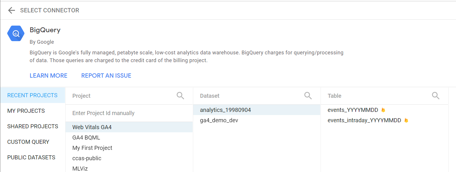 Using the BigQuery native connector in Data Studio