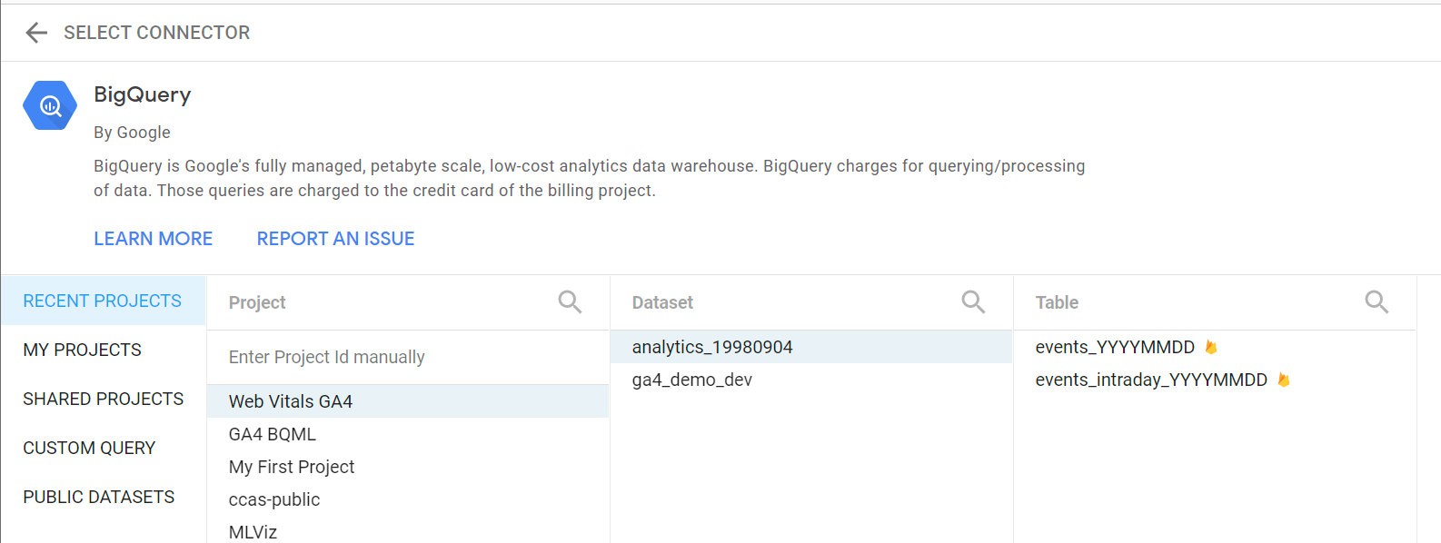 استخدام موصِّل BigQuery الأصلي في &quot;مركز البيانات&quot;