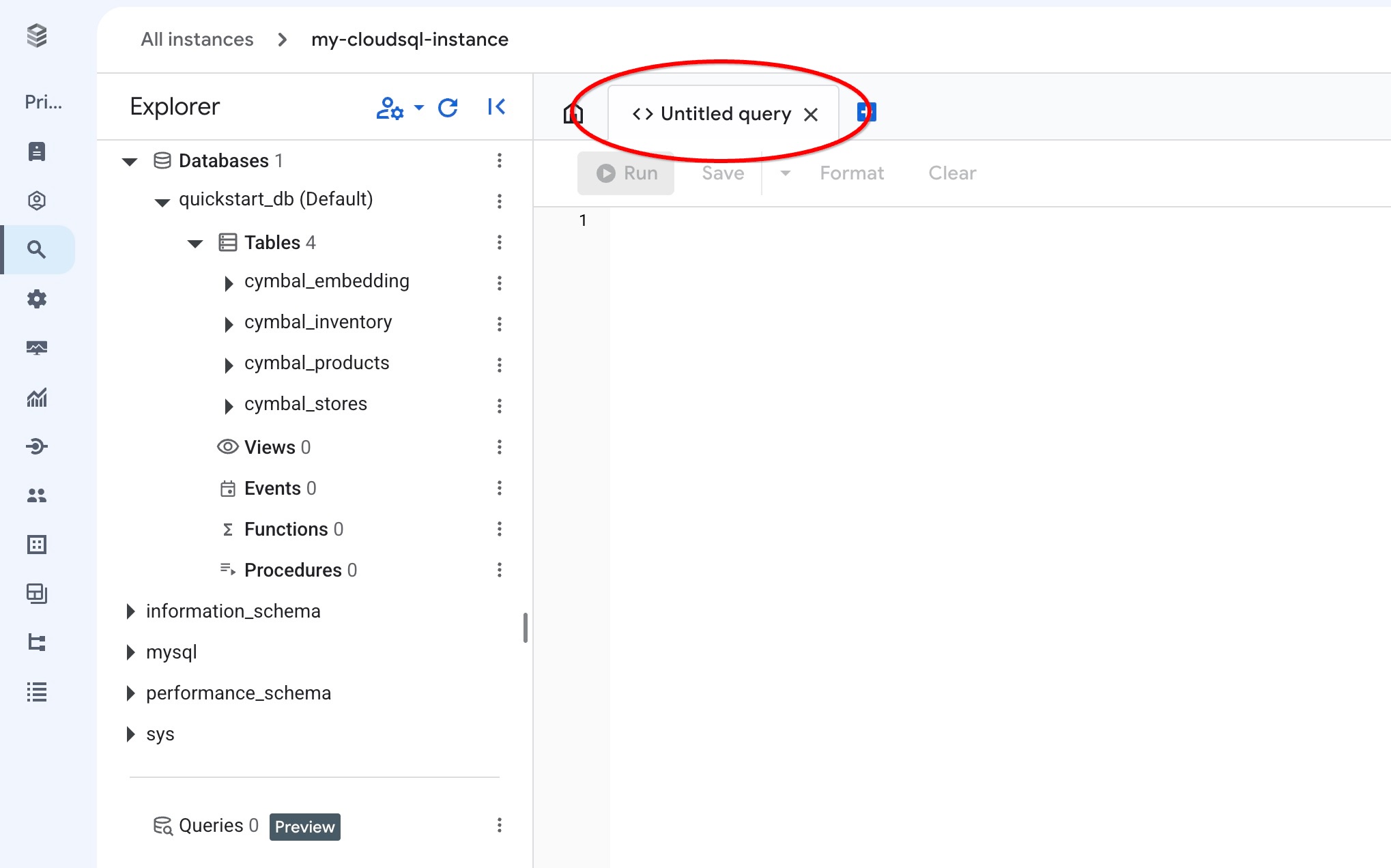 Cloud SQL Studio SQL editor tab