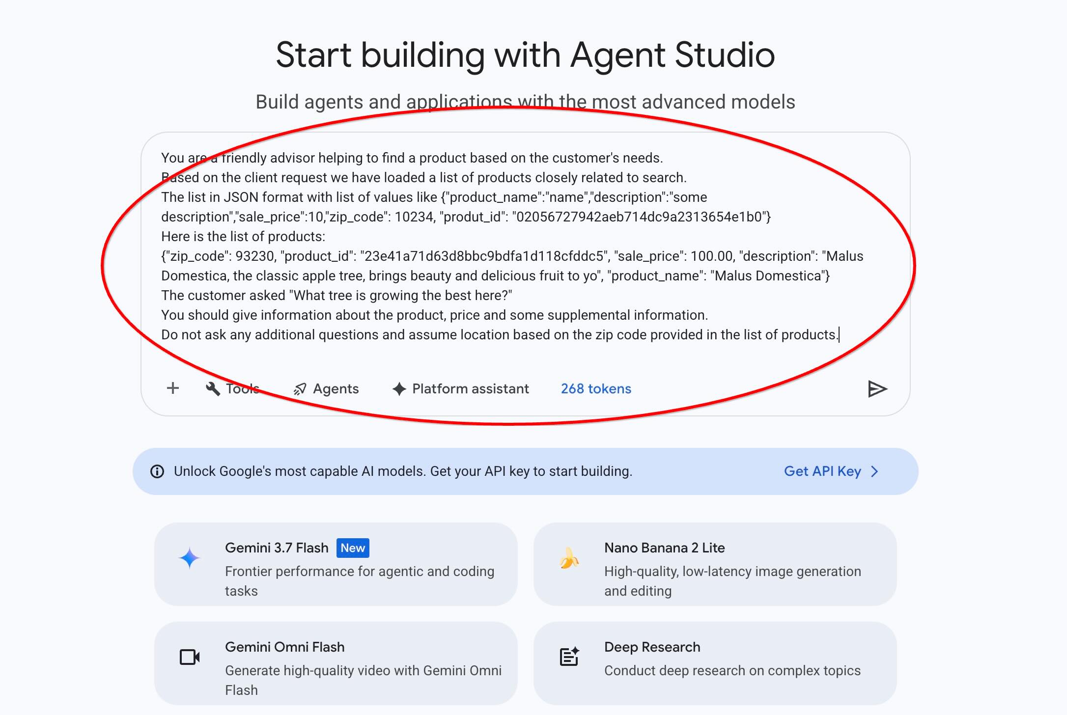 The prompt in Agent Platform Studio