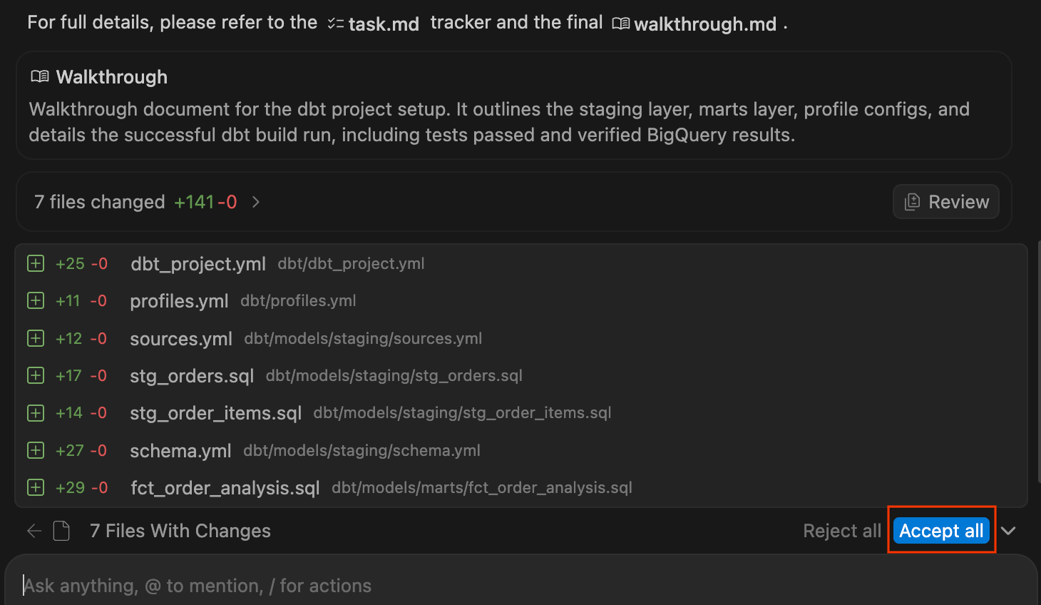 Accepting agent code changes