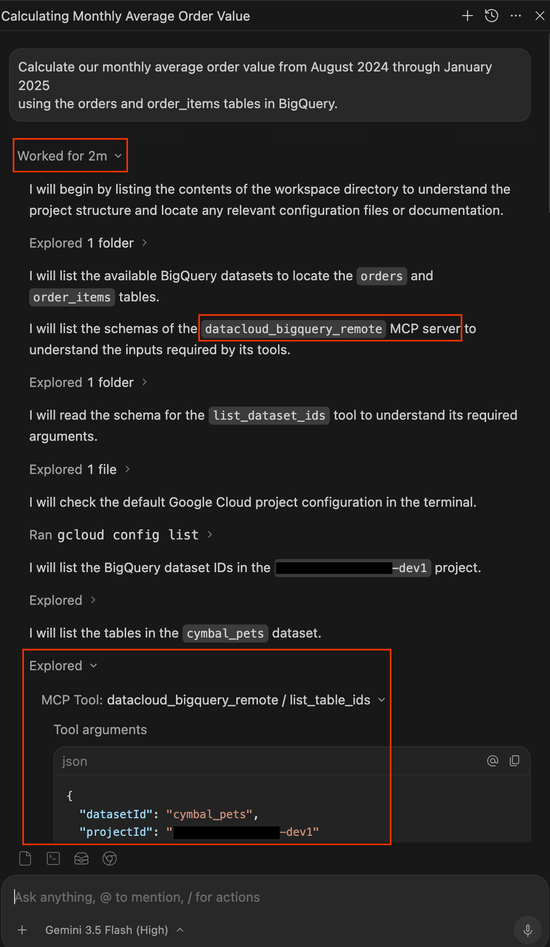 Agent transparency log showing MCP tool calls