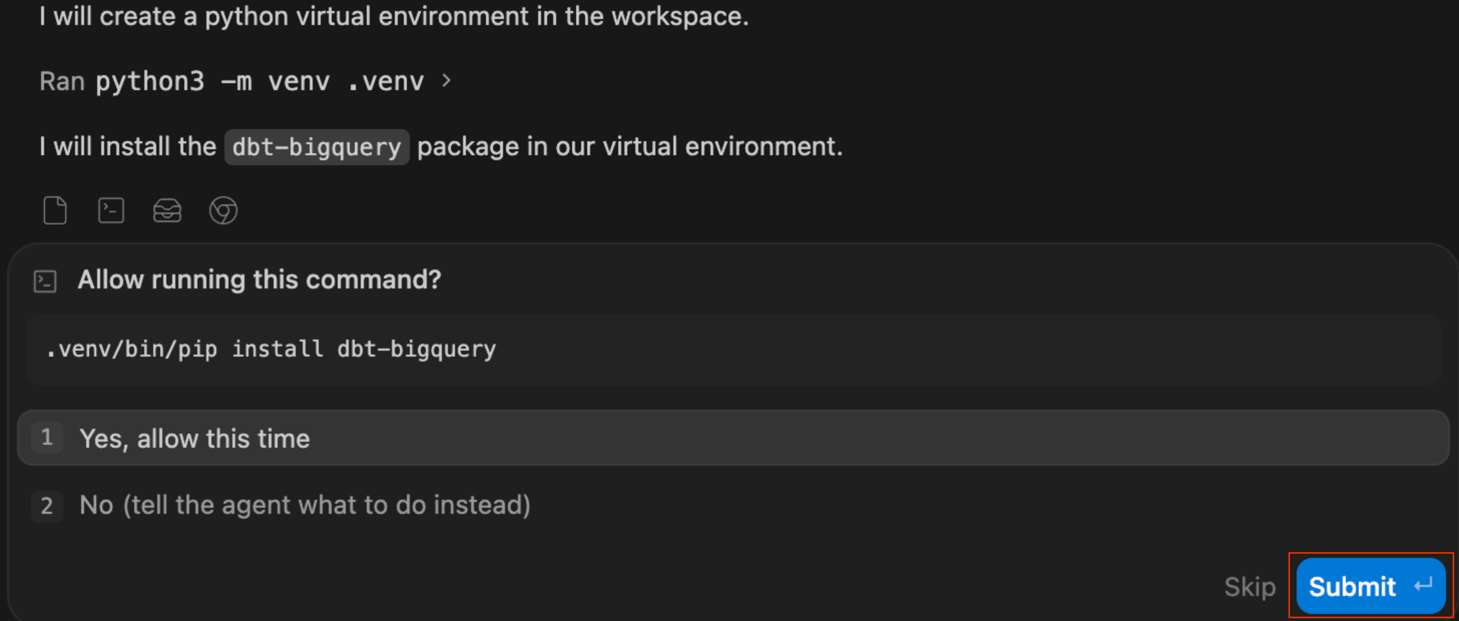 Agent setting up virtual environment