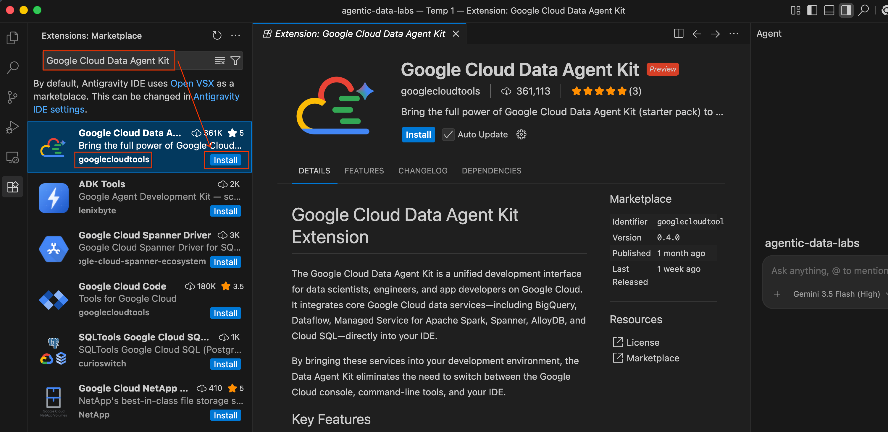 Install Data Agent Kit extension