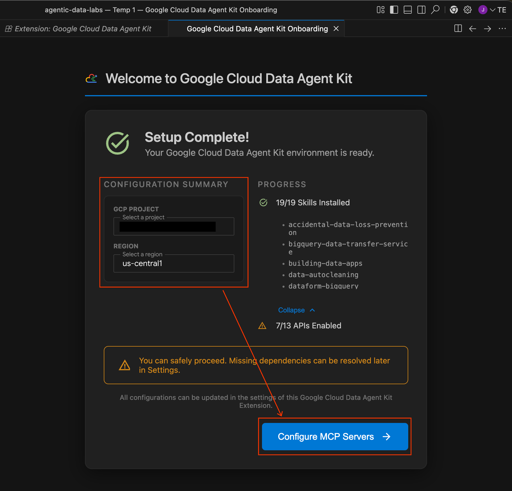 Initial configuration of Data Agent Kit extension