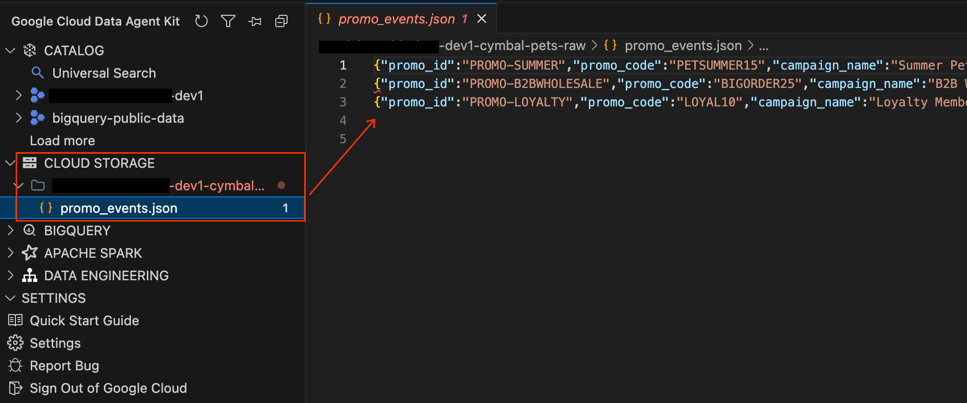 Cloud Storage promo_events.json preview