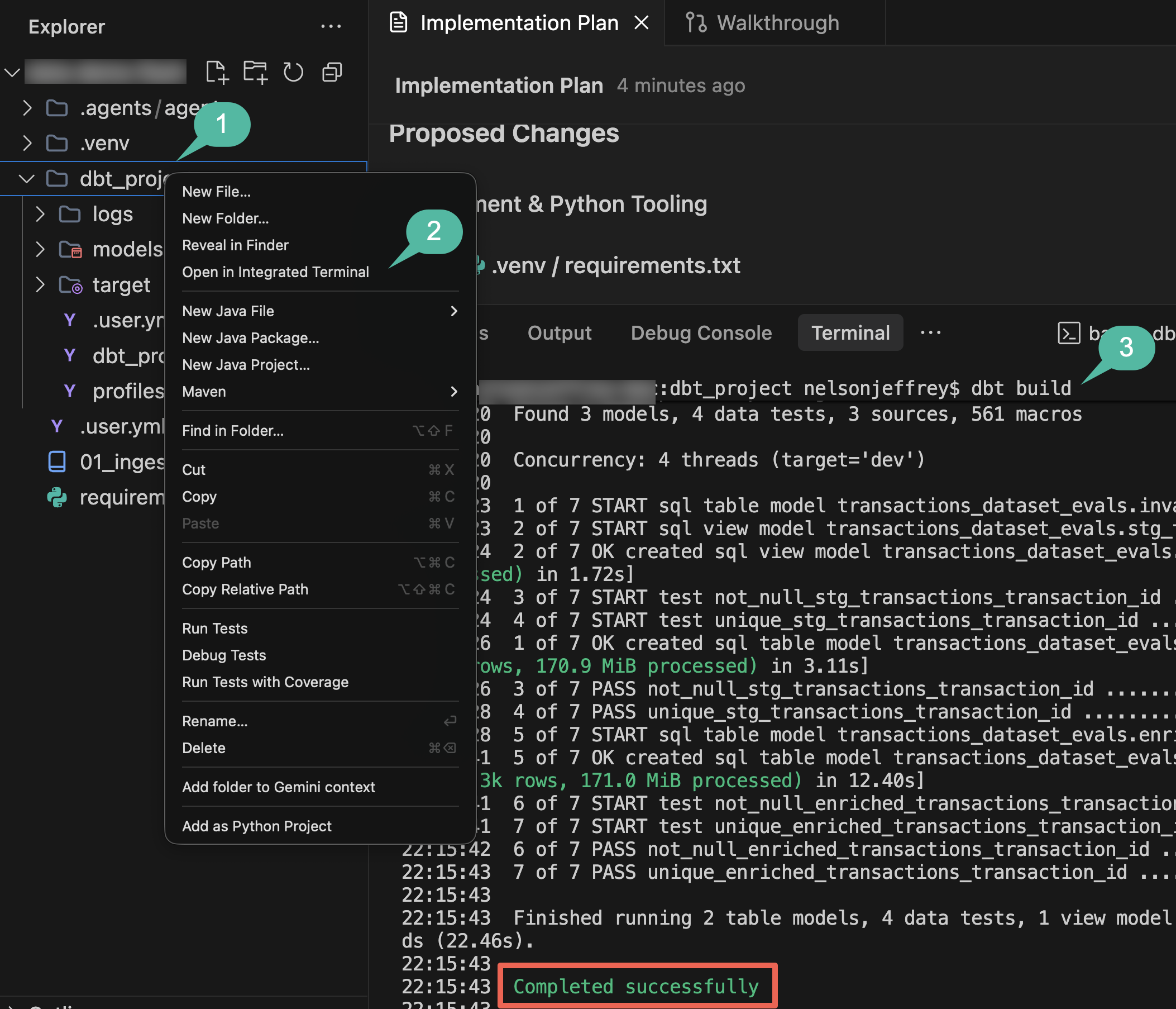 Crea build e testa il progetto dbt nel terminale integrato