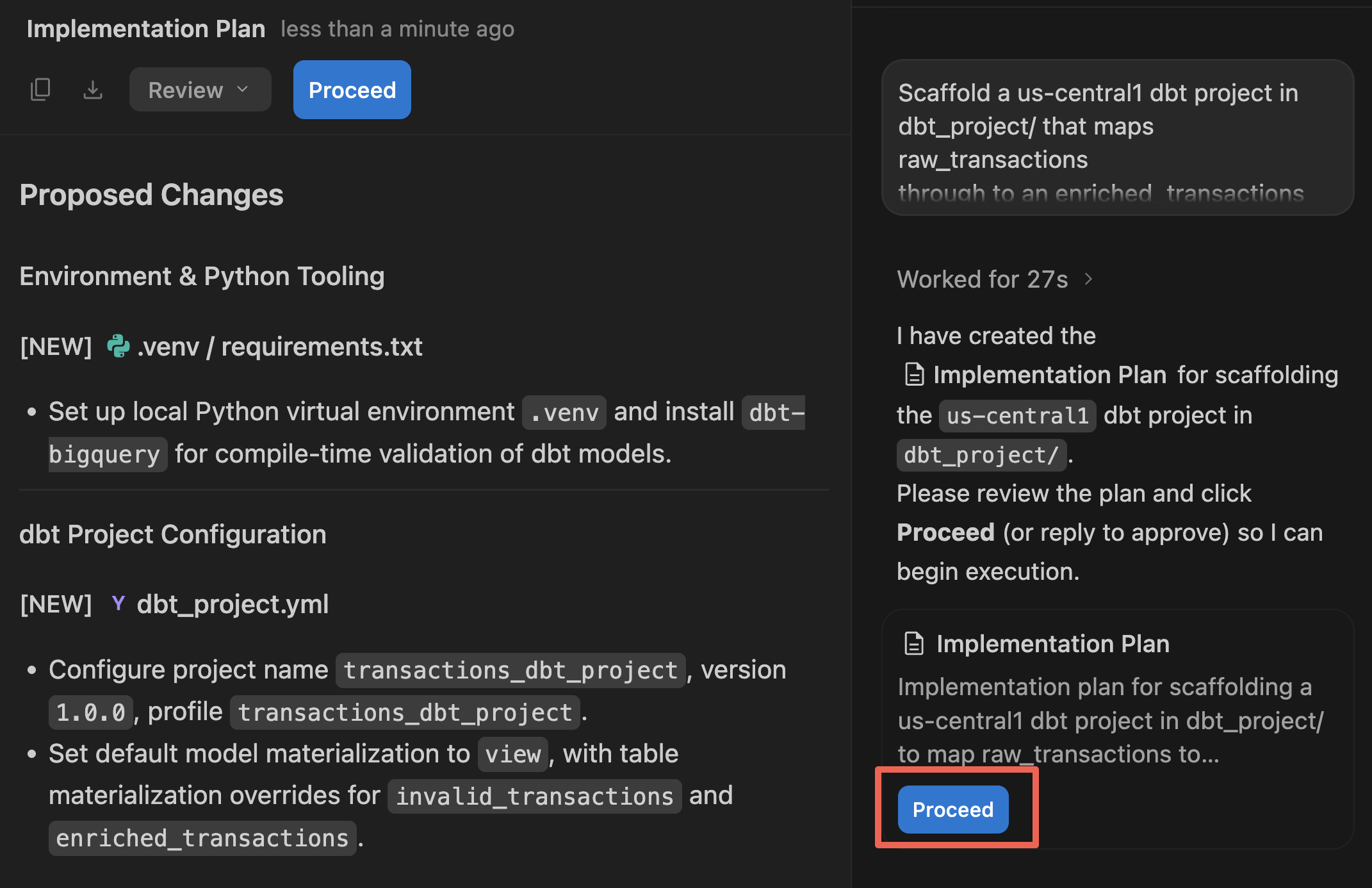 Implementation Plan with Proceed button
