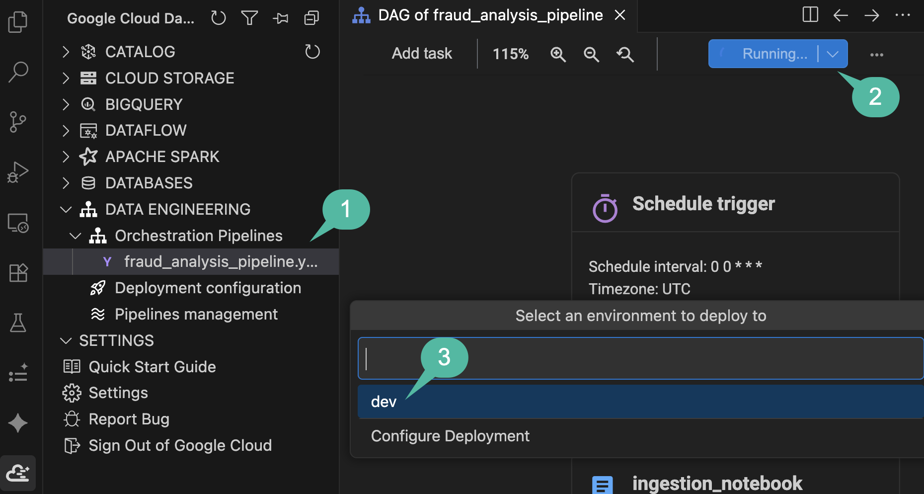 Deploying the pipeline from the visual canvas