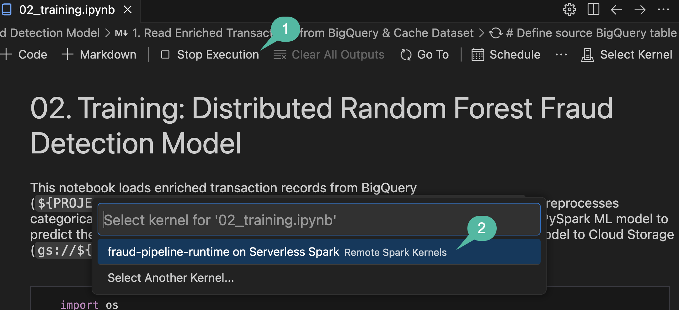 トレーニング ノートブックの Serverless Spark カーネルを選択する