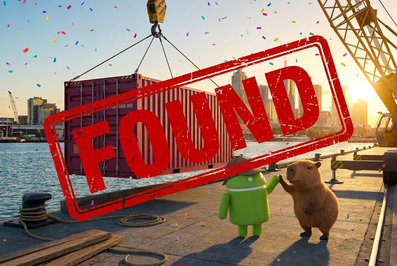 Détective Bugdroid faisant un check à un capybara sur les quais de Sydney, avec le conteneur MV-CAPYBARA-003 marqué TROUVÉ en arrière-plan