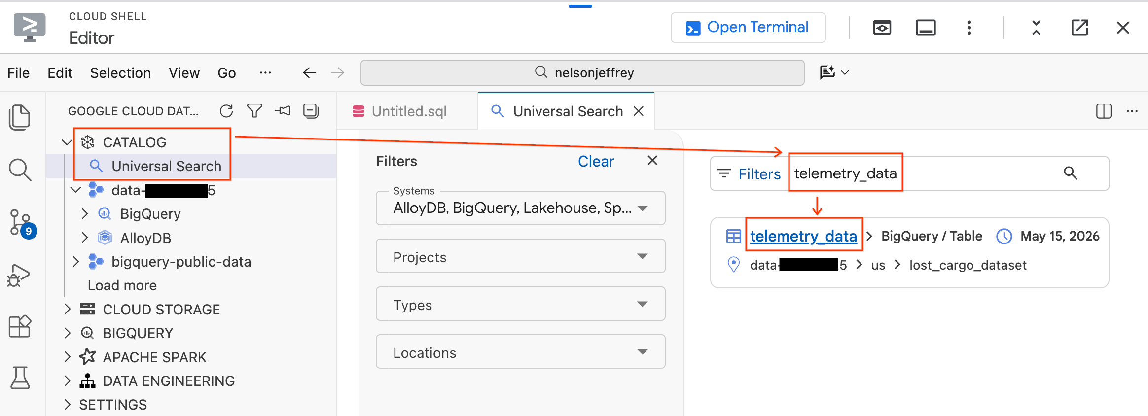 Search for the telemetry_data table in the Catalog