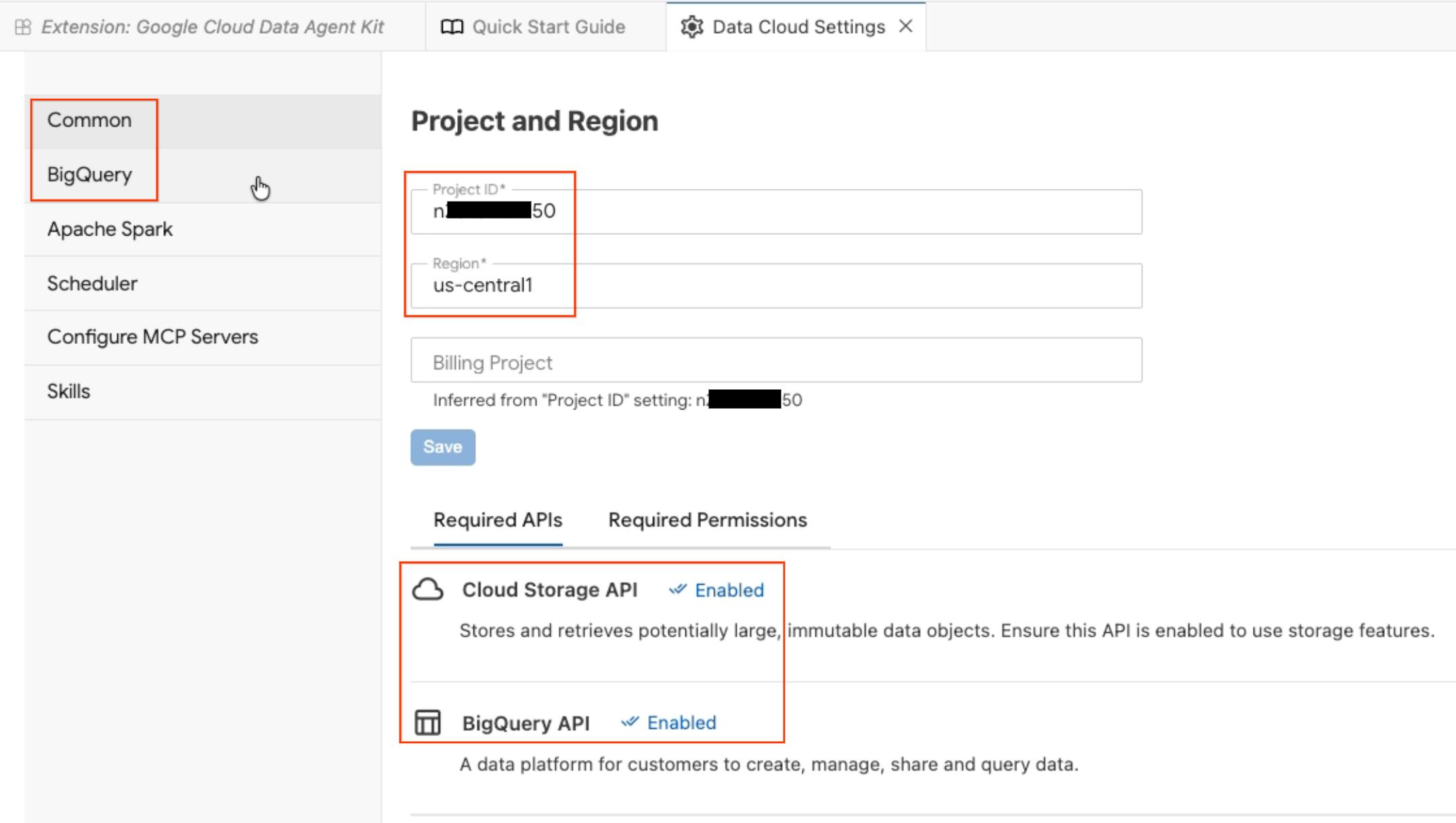 Painel de configuração do agente de dados