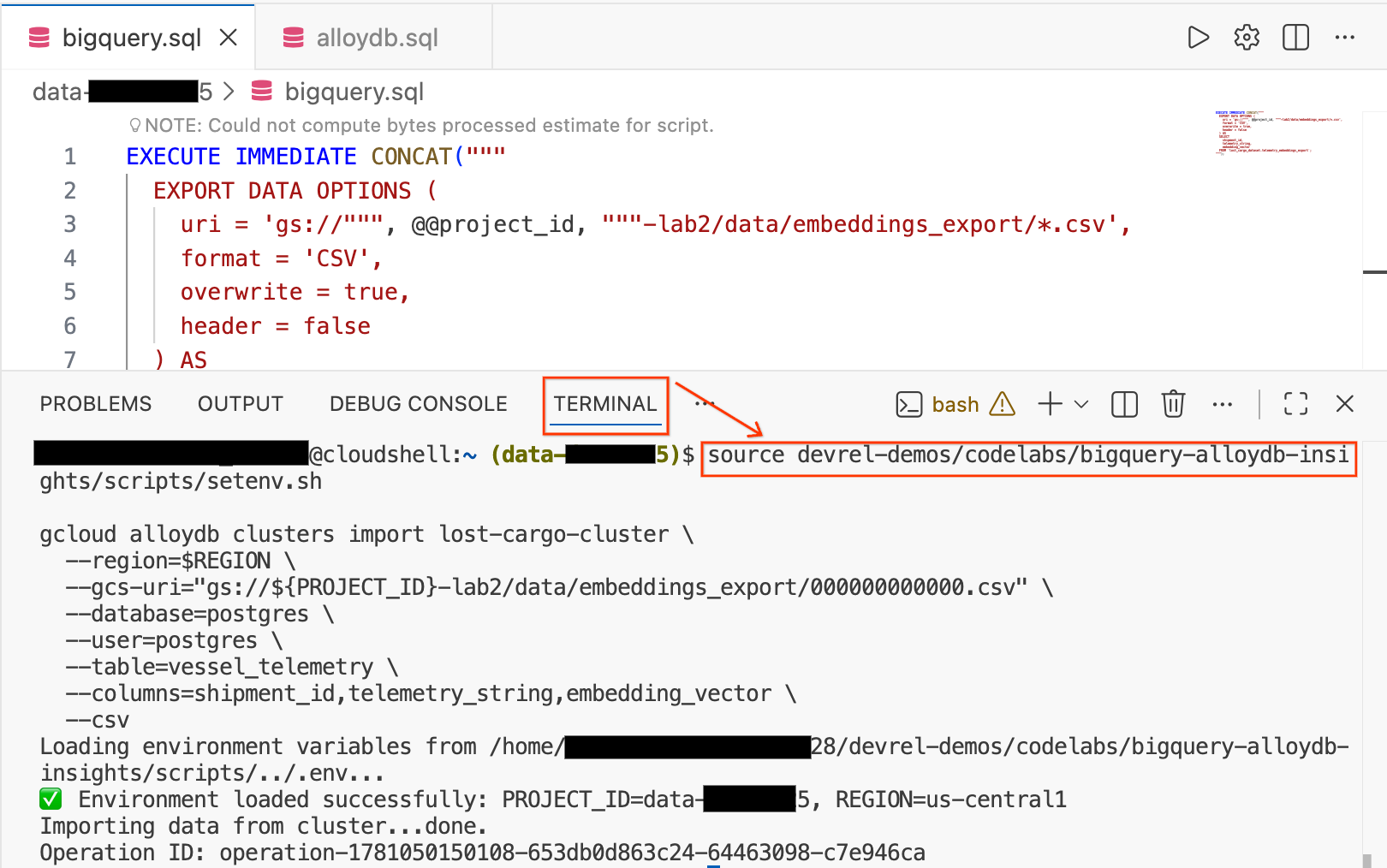 gcloud alloydb clusters import コマンドが表示されたターミナルタブ