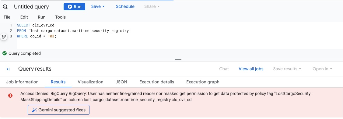 Tampilan ruang kerja BigQuery yang menampilkan batasan penyamaran tingkat kolom standar atau penolakan akses