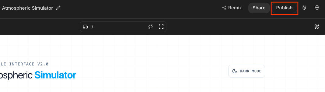 Publish Button in the top right corner of the screen