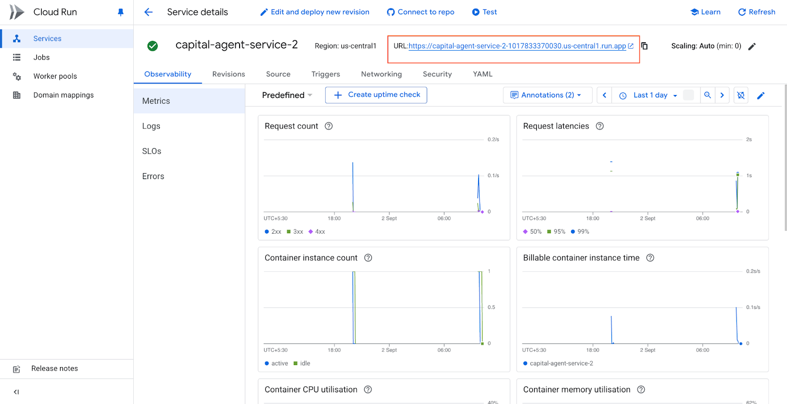 Screenshot der Cloud Run-Dienst-URL-Ausgabe