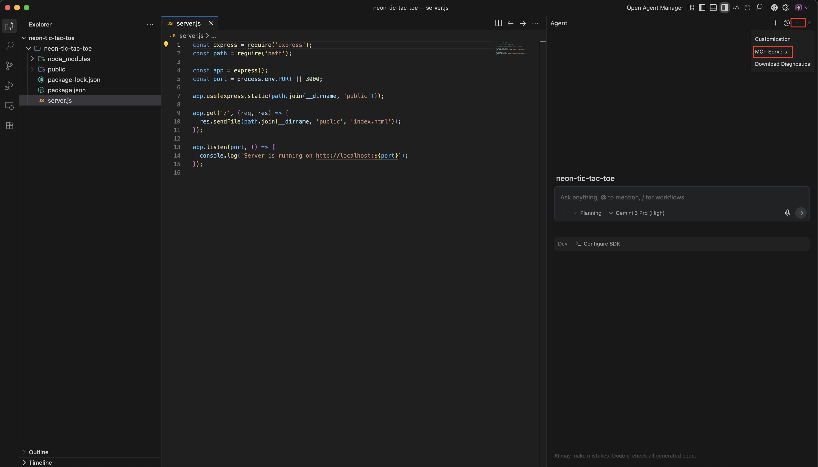 MCP Servers option in the Agent Manager panel