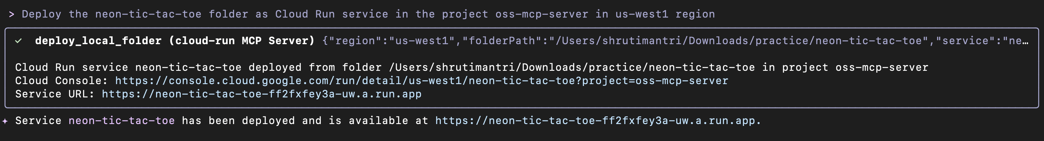 Screenshot keberhasilan deployment dari Gemini CLI