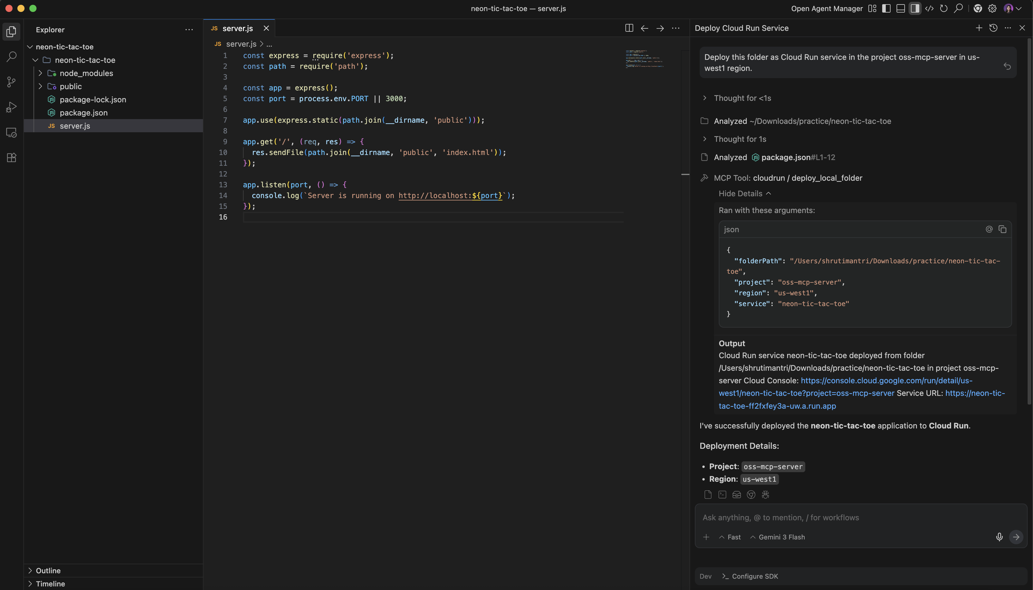 Captura de pantalla de la implementación exitosa de Antigravity
