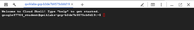 Captura de tela do terminal do Google Cloud Shell mostrando que o ambiente foi conectado