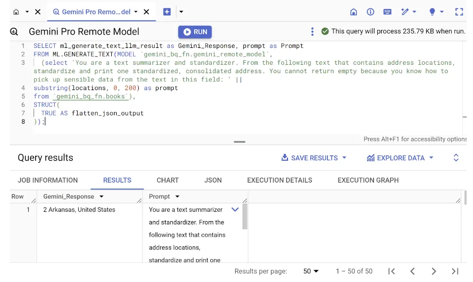 Risultato della query ML.GENERATE_TEXT in BigQuery