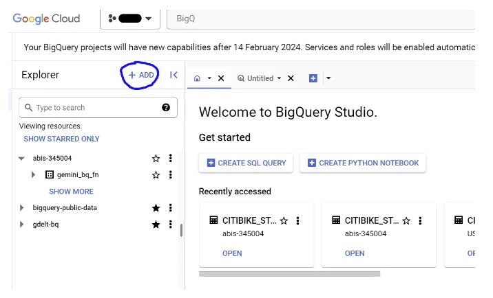 Konsol BigQuery dengan tombol ADD yang ditandai untuk menambahkan koneksi eksternal