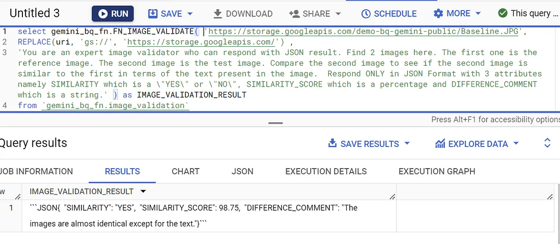 צילום מסך של תוצאה של פונקציה מרוחקת ב-BigQuery