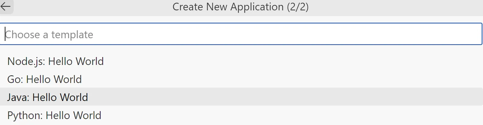 Create New Application pop up page 2