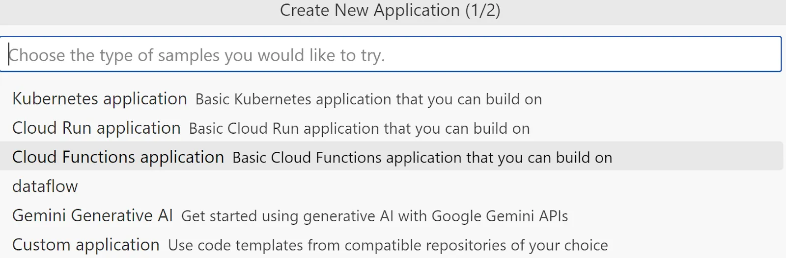 Create New Application pop up page 1