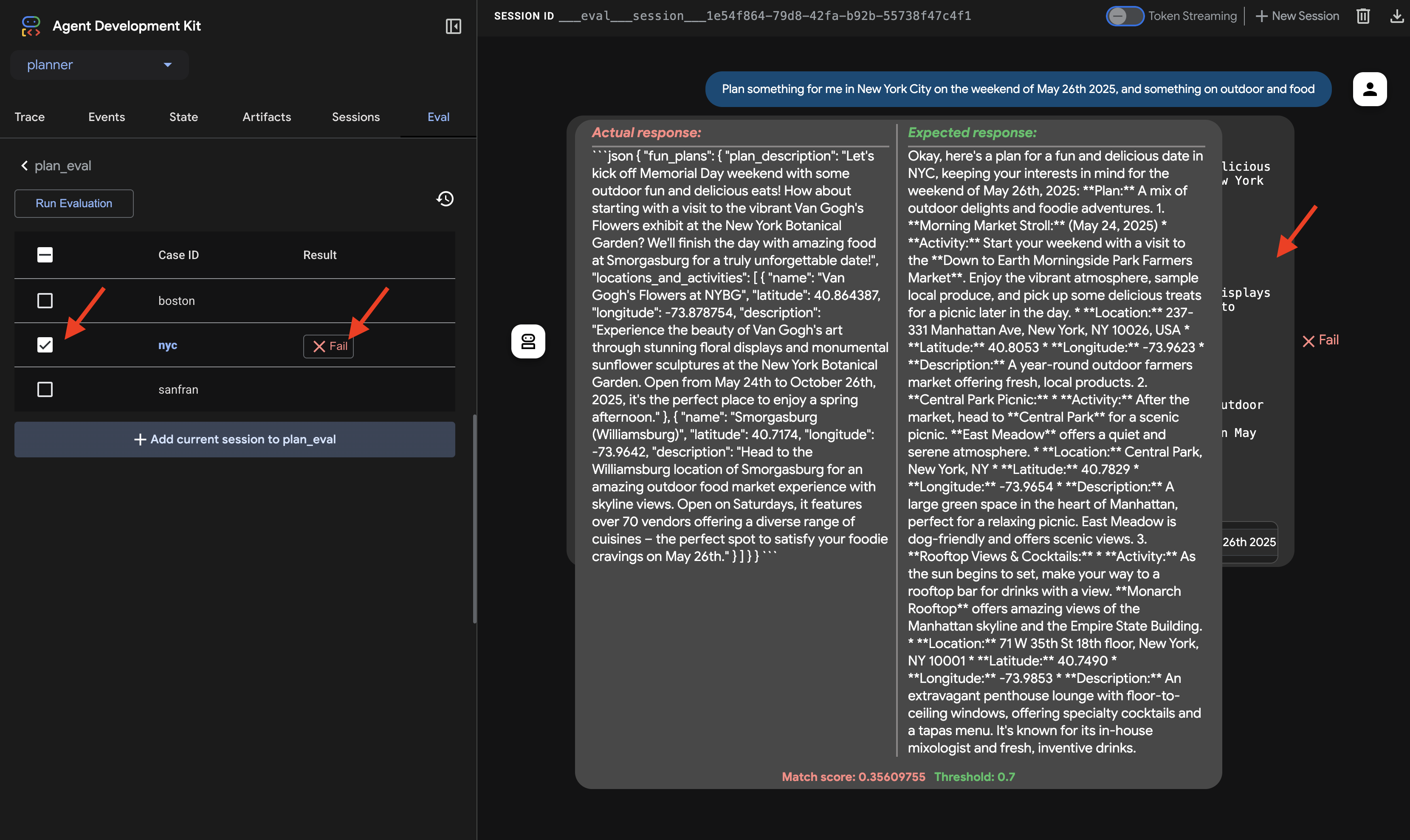 adk dev ui evaluation fail