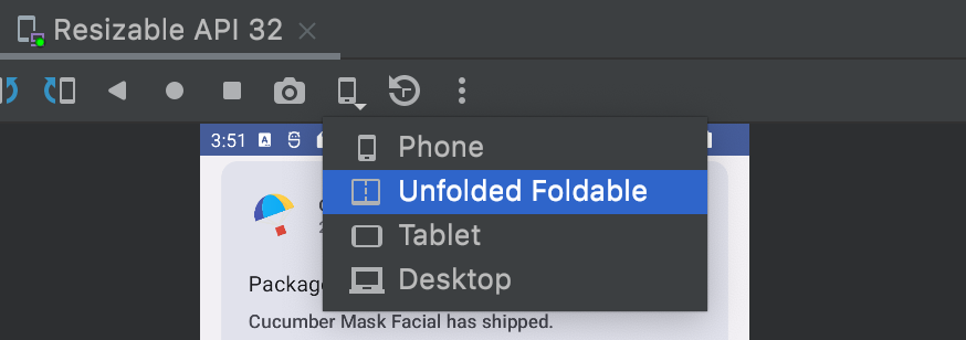 Emulator z możliwością zmiany rozmiaru i opcjami telefonu, urządzenia rozłożonego, tabletu i komputera.